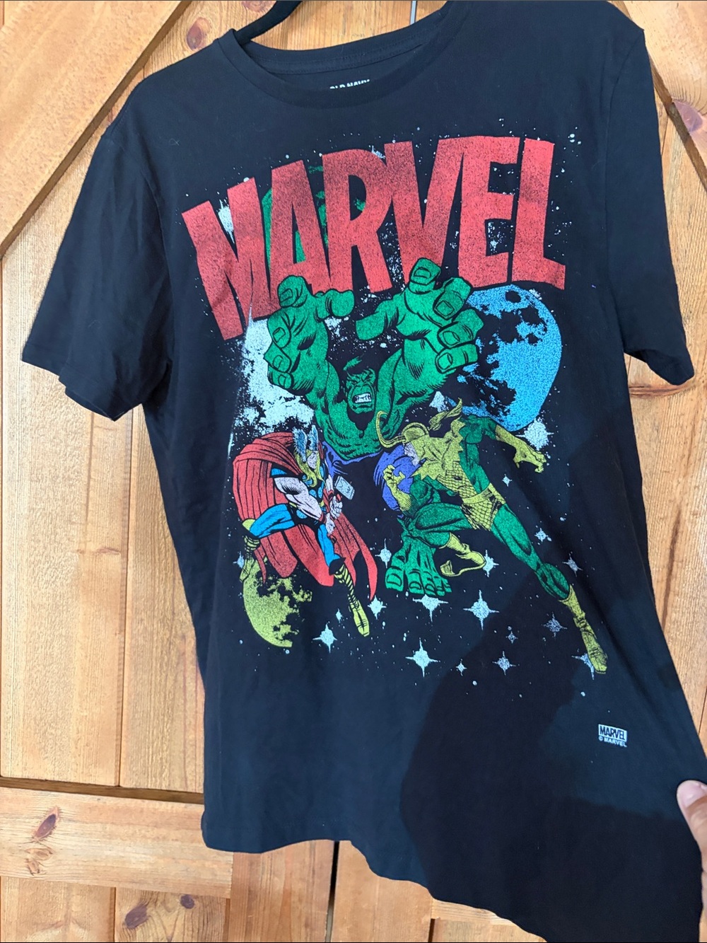 Marvel Black Tee with Red Logo and Green, Blue, Yellow Character Art